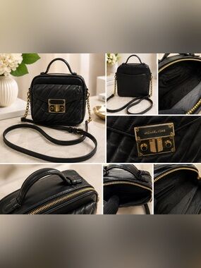 Michael Kors Black Quilted Leather Box Crossbody with Gold Hardware